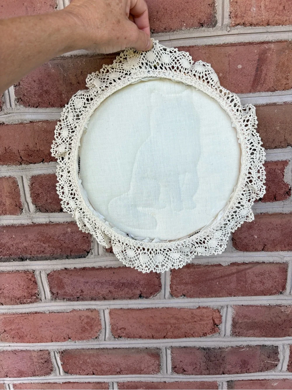 Hand-Embroidered quilted Brown Cat Hoop Wall Art with Lace Trim